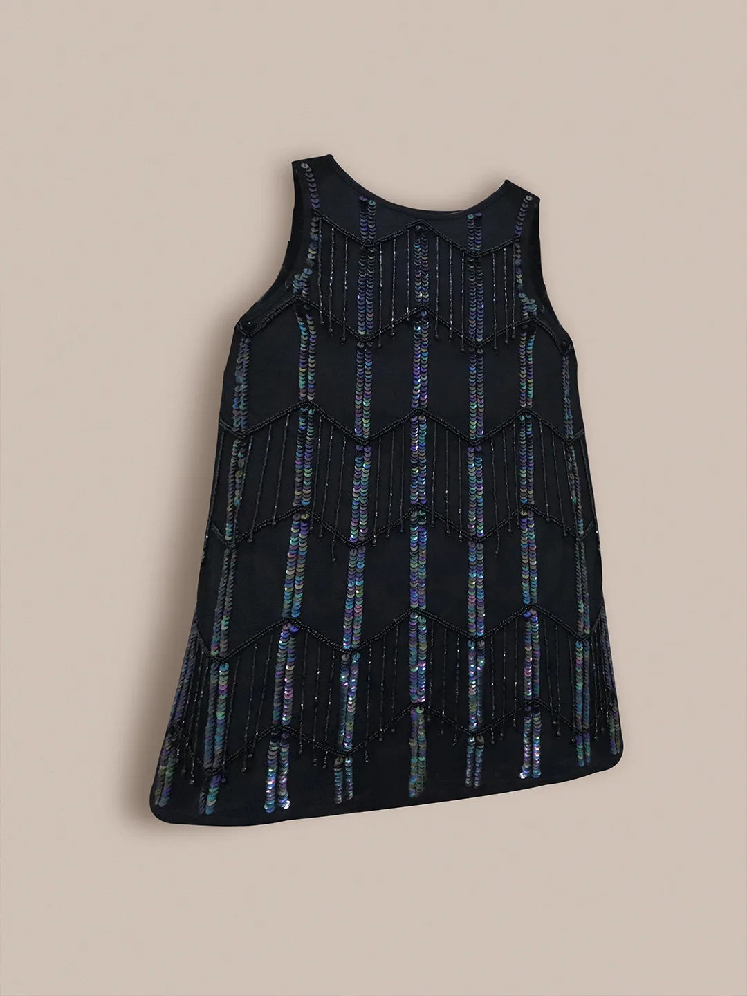 Cherry Crumble Black Geometrical Pattern 100% Polyester Sleeveless Round Neck Party Wear A Line Sequin and Beads Summer Dress For Girls