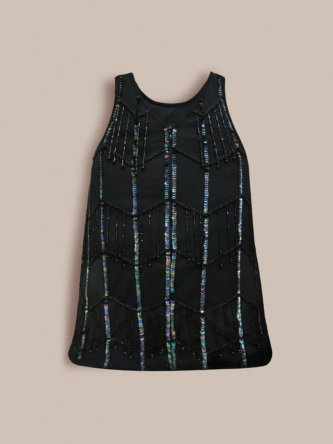 Cherry Crumble Black Geometrical Pattern 100% Polyester Sleeveless Round Neck Party Wear A Line Sequin and Beads Summer Dress For Girls
