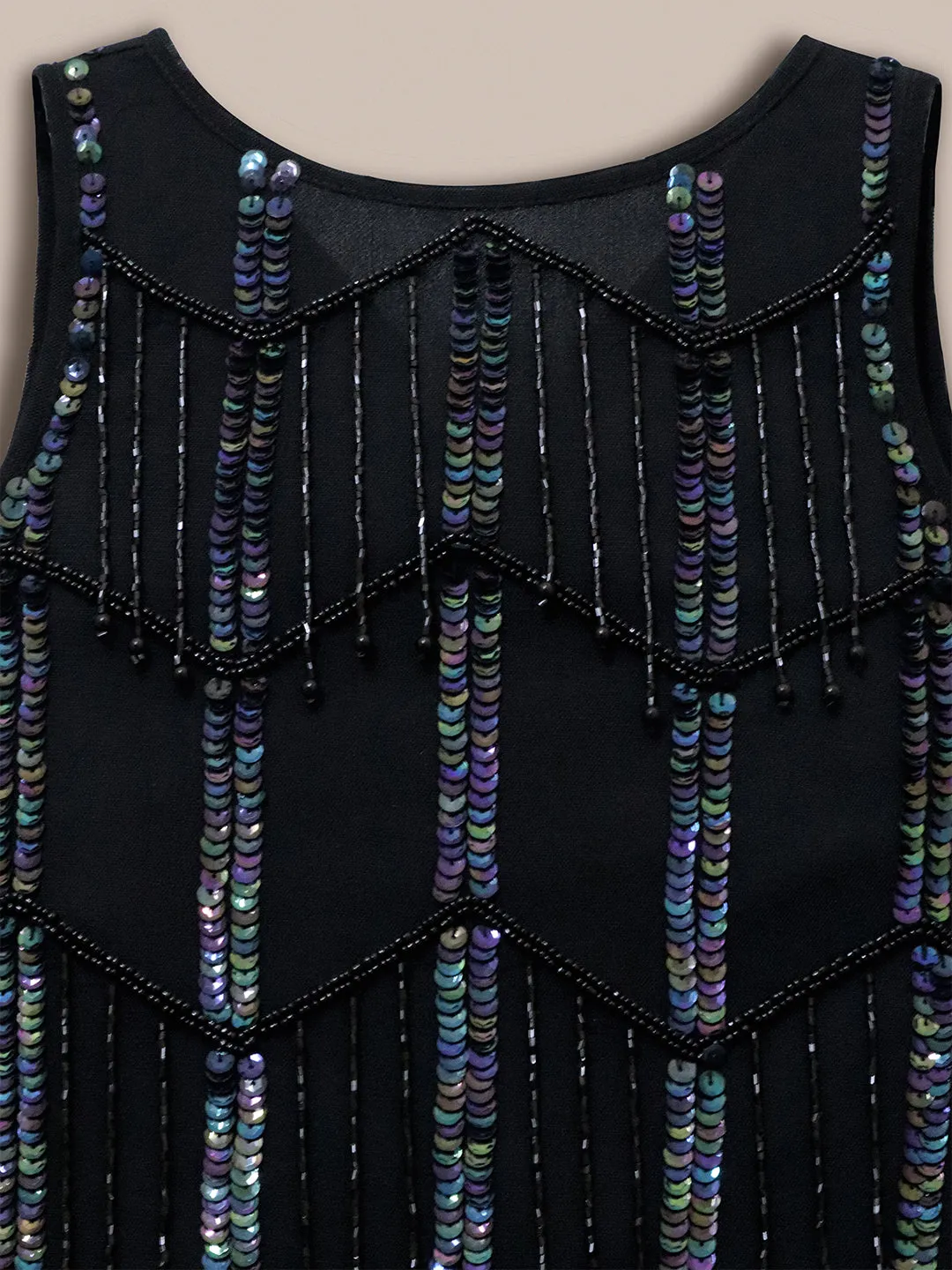 Cherry Crumble Black Geometrical Pattern 100% Polyester Sleeveless Round Neck Party Wear A Line Sequin and Beads Summer Dress For Girls