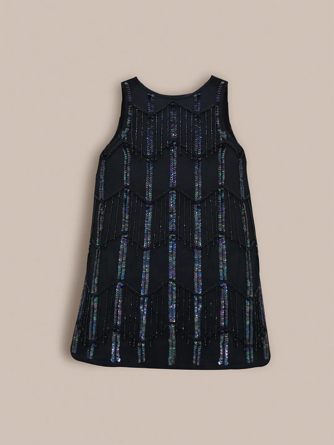 Cherry Crumble Black Geometrical Pattern 100% Polyester Sleeveless Round Neck Party Wear A Line Sequin and Beads Summer Dress For Girls