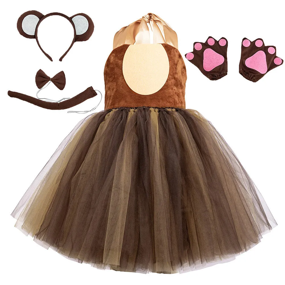 Childrenswear Girls Brown Bear Tutu Skirt Mesh Skirt Cosplay Costume Outfits Halloween Carnival Suit