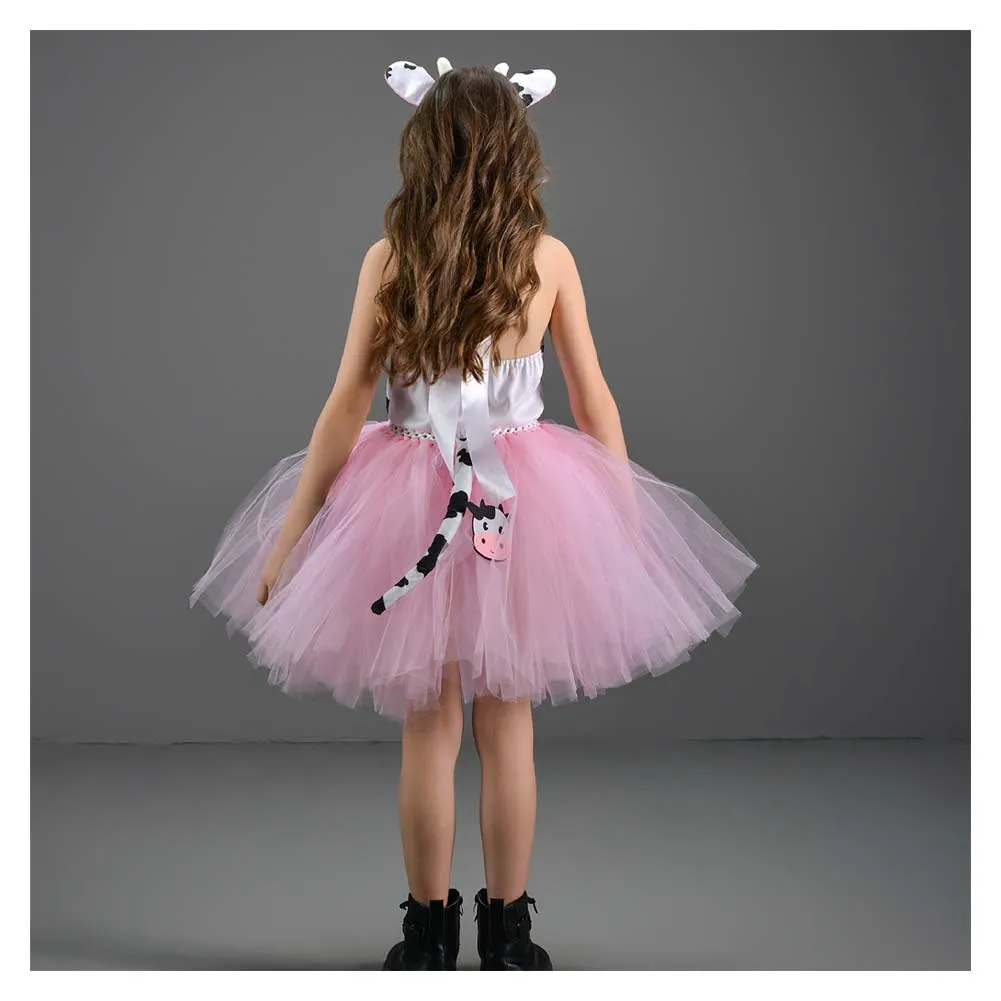 Childrenswear Girls Pink Cow Tutu Skirt Mesh Skirt Cosplay Costume Outfits Halloween Carnival Suit