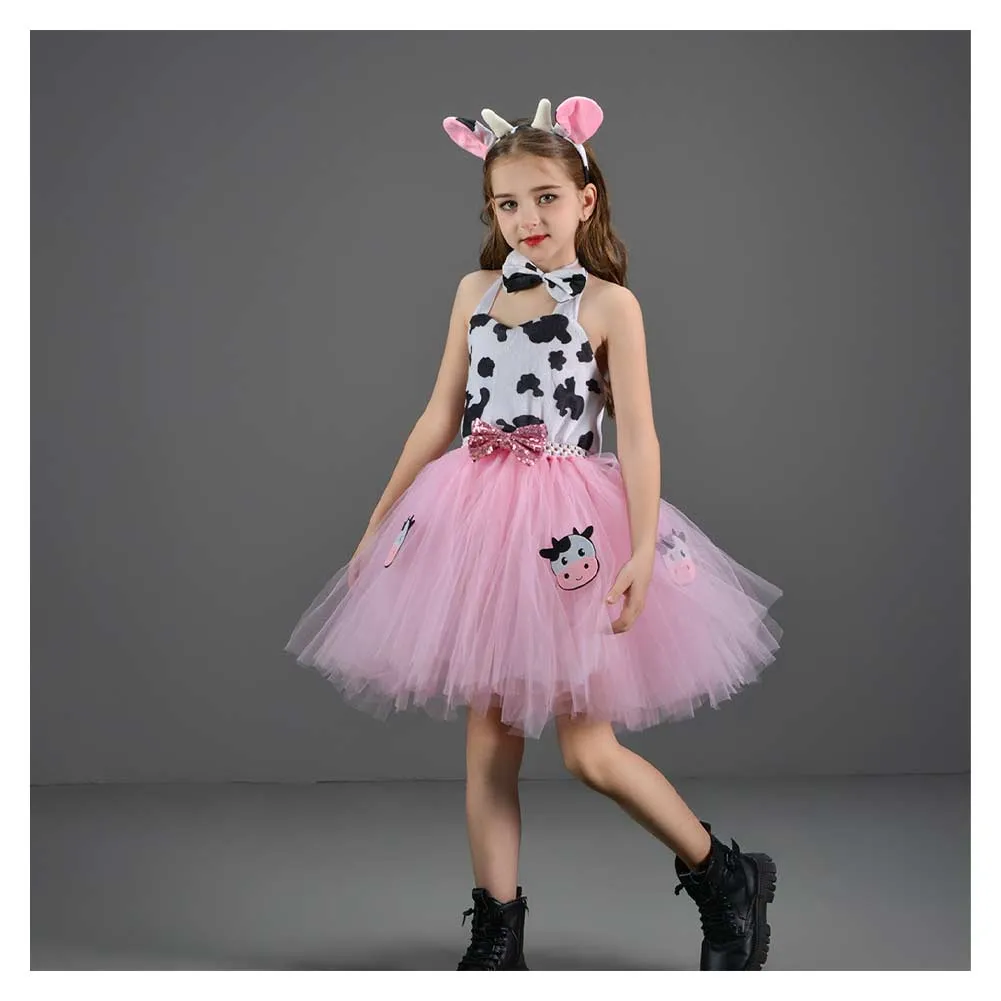 Childrenswear Girls Pink Cow Tutu Skirt Mesh Skirt Cosplay Costume Outfits Halloween Carnival Suit