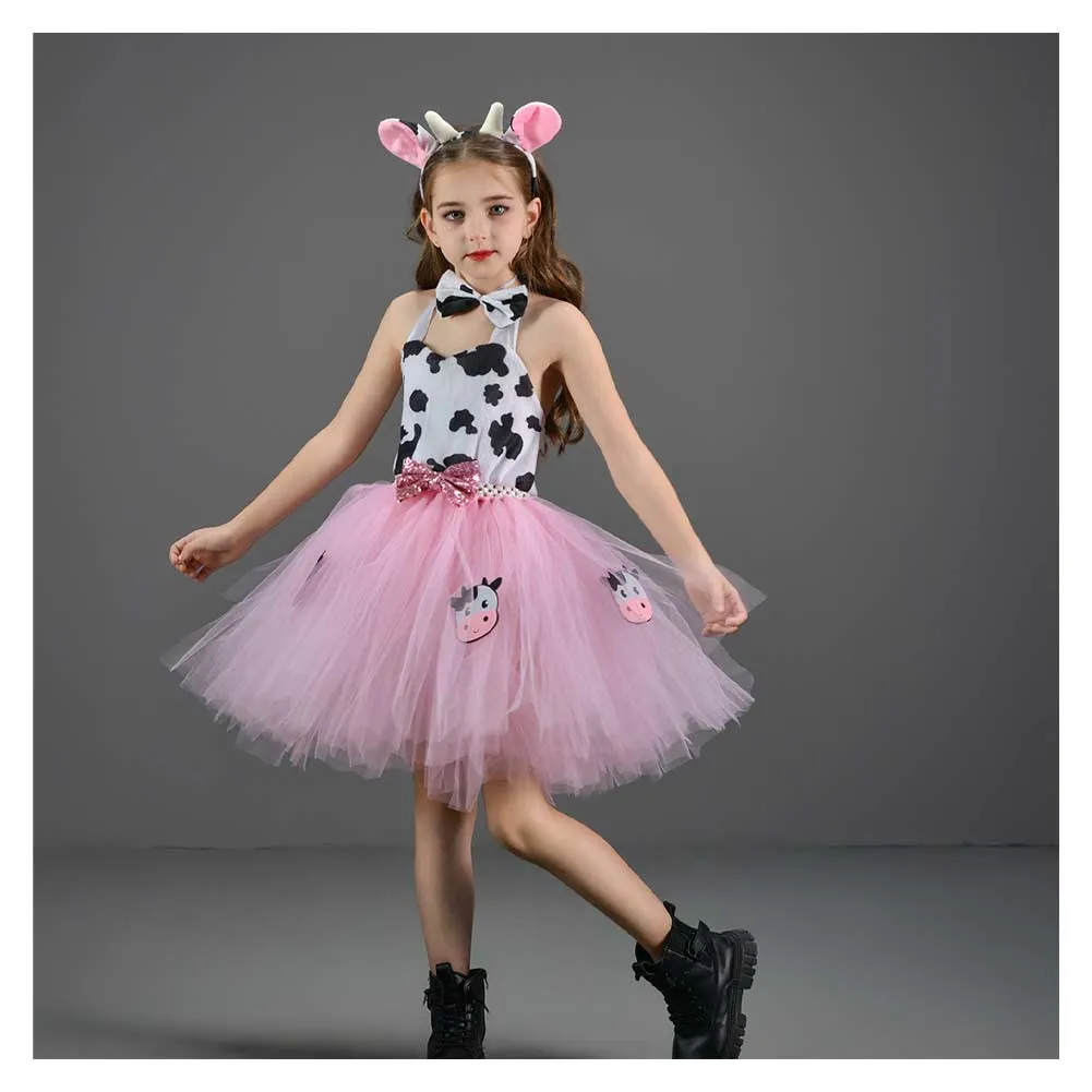 Childrenswear Girls Pink Cow Tutu Skirt Mesh Skirt Cosplay Costume Outfits Halloween Carnival Suit