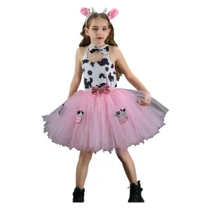 Childrenswear Girls Pink Cow Tutu Skirt Mesh Skirt Cosplay Costume Outfits Halloween Carnival Suit