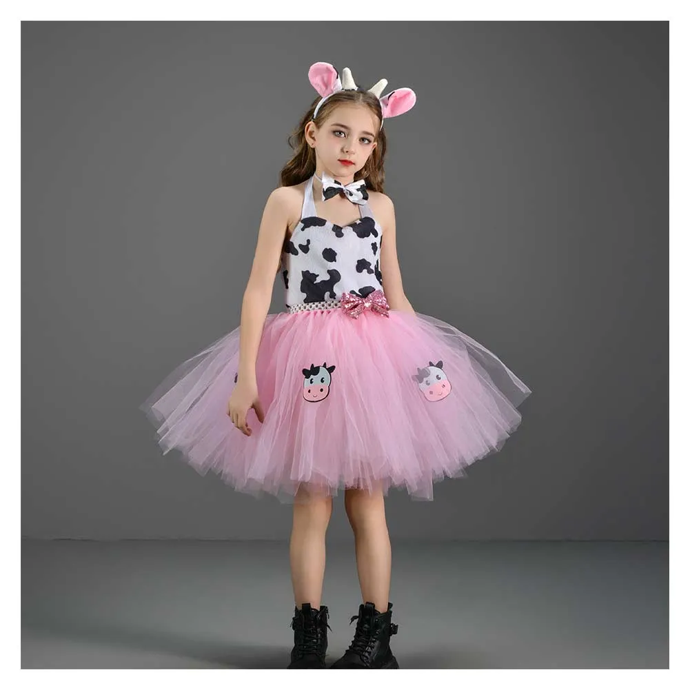 Childrenswear Girls Pink Cow Tutu Skirt Mesh Skirt Cosplay Costume Outfits Halloween Carnival Suit