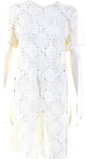 Chloe Paris. White Short Sleeve Crew Neck Lace Twill Shift Dress