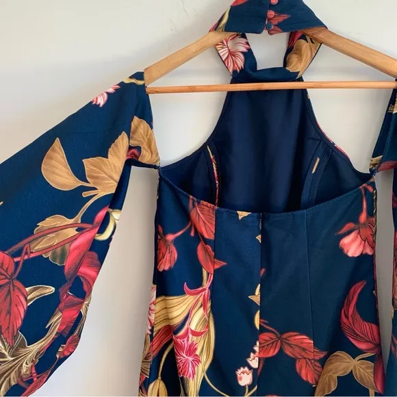 C/MEO Collective Fusion LS High Halter Neck Wide Sleeve Floral Dress Navy
