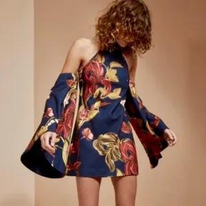 C/MEO Collective Fusion LS High Halter Neck Wide Sleeve Floral Dress Navy