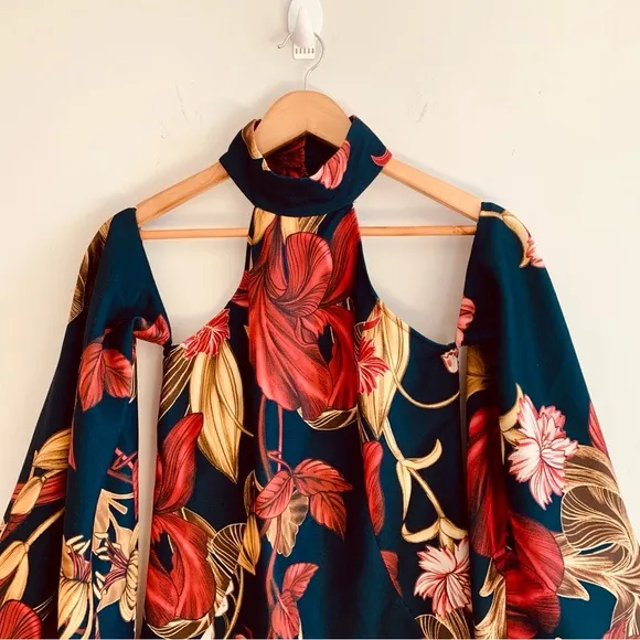 C/MEO Collective Fusion LS High Halter Neck Wide Sleeve Floral Dress Navy