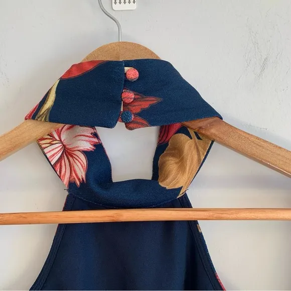 C/MEO Collective Fusion LS High Halter Neck Wide Sleeve Floral Dress Navy