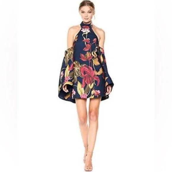 C/MEO Collective Fusion LS High Halter Neck Wide Sleeve Floral Dress Navy