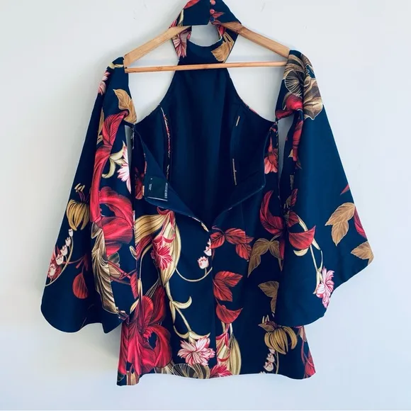 C/MEO Collective Fusion LS High Halter Neck Wide Sleeve Floral Dress Navy