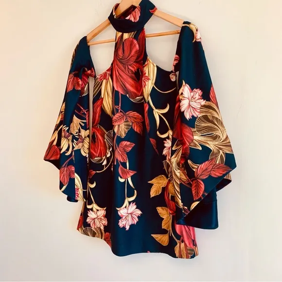 C/MEO Collective Fusion LS High Halter Neck Wide Sleeve Floral Dress Navy