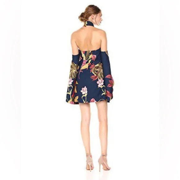 C/MEO Collective Fusion LS High Halter Neck Wide Sleeve Floral Dress Navy