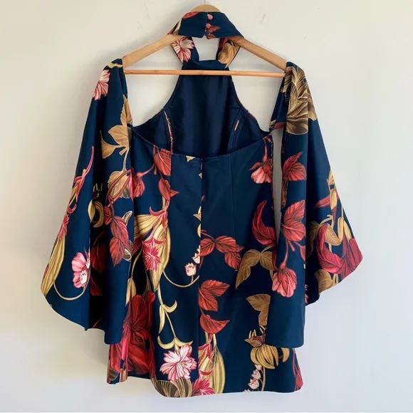 C/MEO Collective Fusion LS High Halter Neck Wide Sleeve Floral Dress Navy