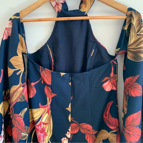 C/MEO Collective Fusion LS High Halter Neck Wide Sleeve Floral Dress Navy