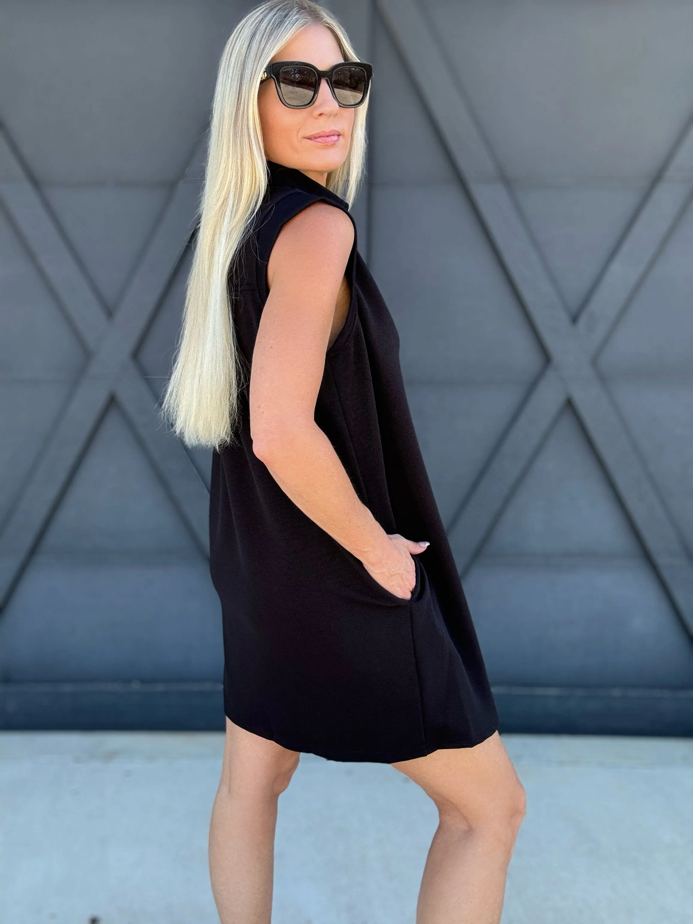 Collared  Mini Dress With Pockets In Black