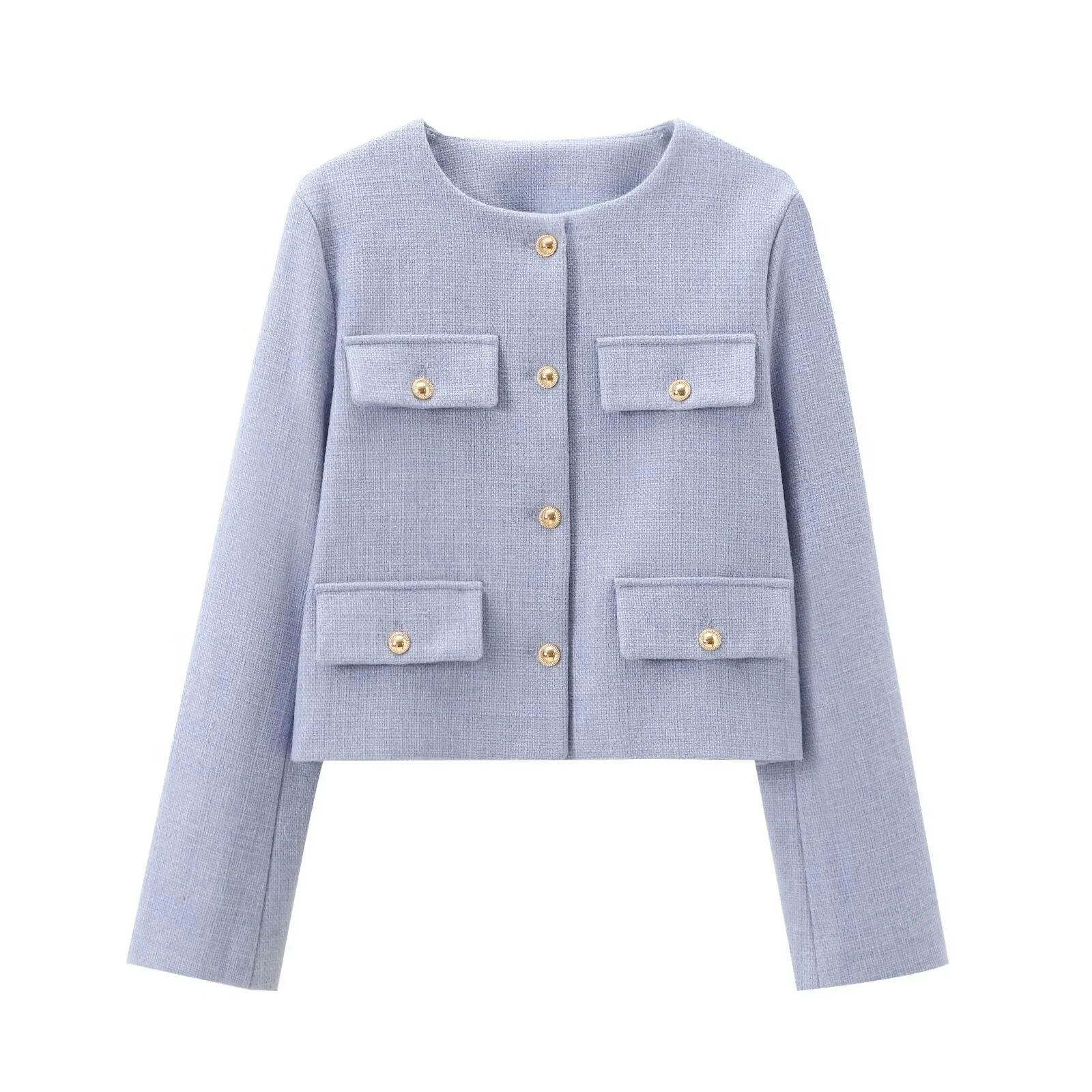 Crew Neck Plain Single Breasted Jacket