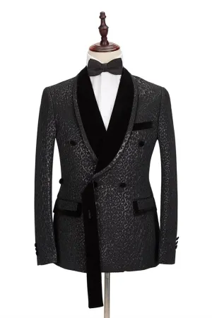 Custom design Velvet Lapel Double Breasted Prom Suit Belt Leopard Black Jacquard Men Suit for Wedding