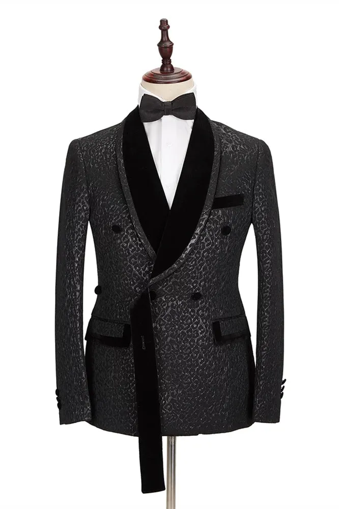 Custom design Velvet Lapel Double Breasted Prom Suit Belt Leopard Black Jacquard Men Suit for Wedding
