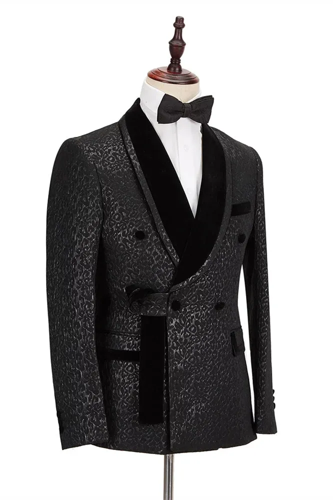 Custom design Velvet Lapel Double Breasted Prom Suit Belt Leopard Black Jacquard Men Suit for Wedding