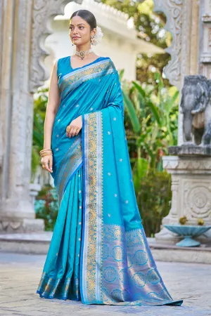 Cyan Blue Banarasi Silk Saree With Weaving Work