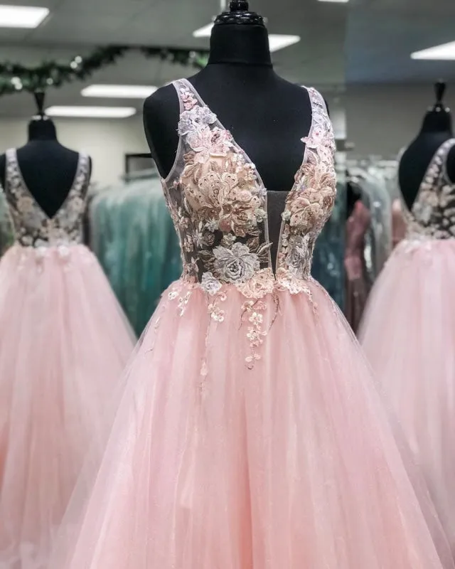 Deep V Neck and V Back Pink Lace Floral Long Prom, Pink Lace Floral Formal Evening
