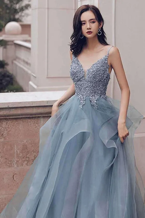 Deep V-neck Appliqued Prussian Blue Multi-Layered Organza Prom Dresse,MP501