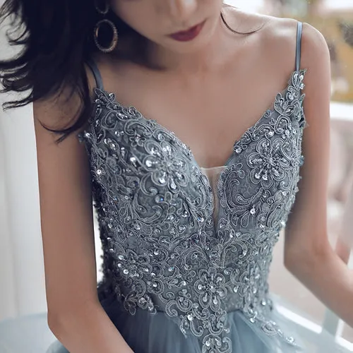 Deep V-neck Appliqued Prussian Blue Multi-Layered Organza Prom Dresse,MP501