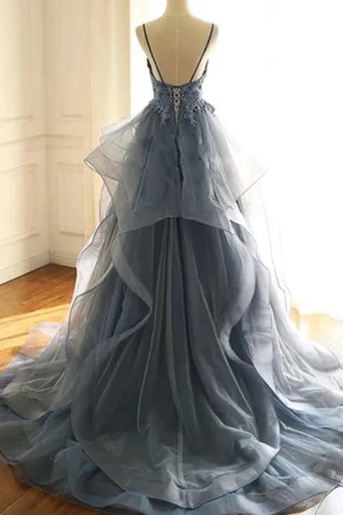 Deep V-neck Appliqued Prussian Blue Multi-Layered Organza Prom Dresse,MP501