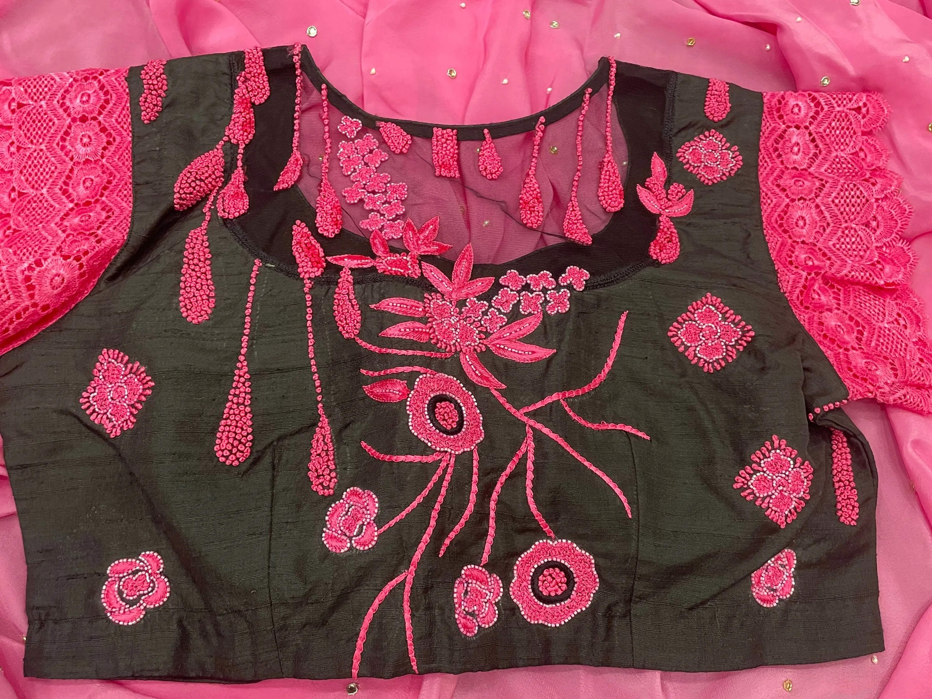 Designer Saree lace blouse pink & black saree blouse crape saree teens saree wedding saree cocktail saree mehendi saree  bollywood sarees