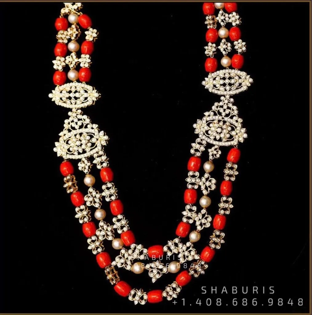 Diamond Choker Pure Silver jewelry Indian ,diamond Necklace,Indian Necklace,Indian Bridal,Indian Wedding Jewelry Coral Necklace-SHABURIS