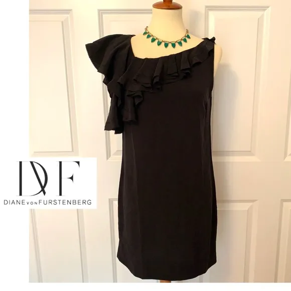 ✨Diane von Furstenberg 100% Black Silk Sleeveless Ruffle Shift Dress