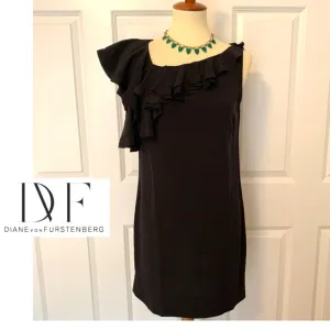 ✨Diane von Furstenberg 100% Black Silk Sleeveless Ruffle Shift Dress