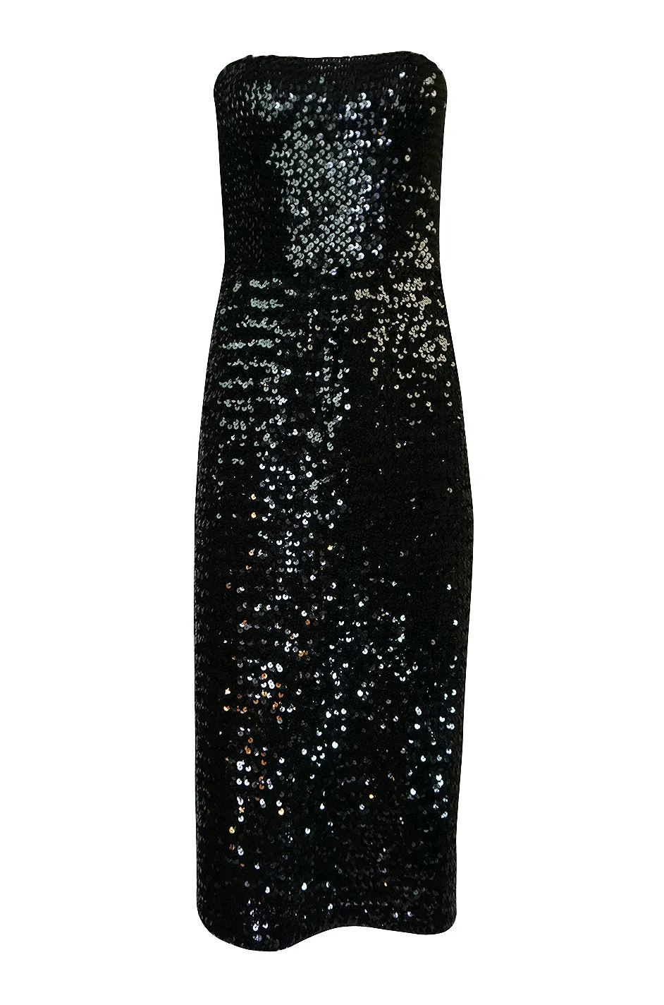 Early 1980s Roland Klein Glossy Black Strapless Sequin Dress