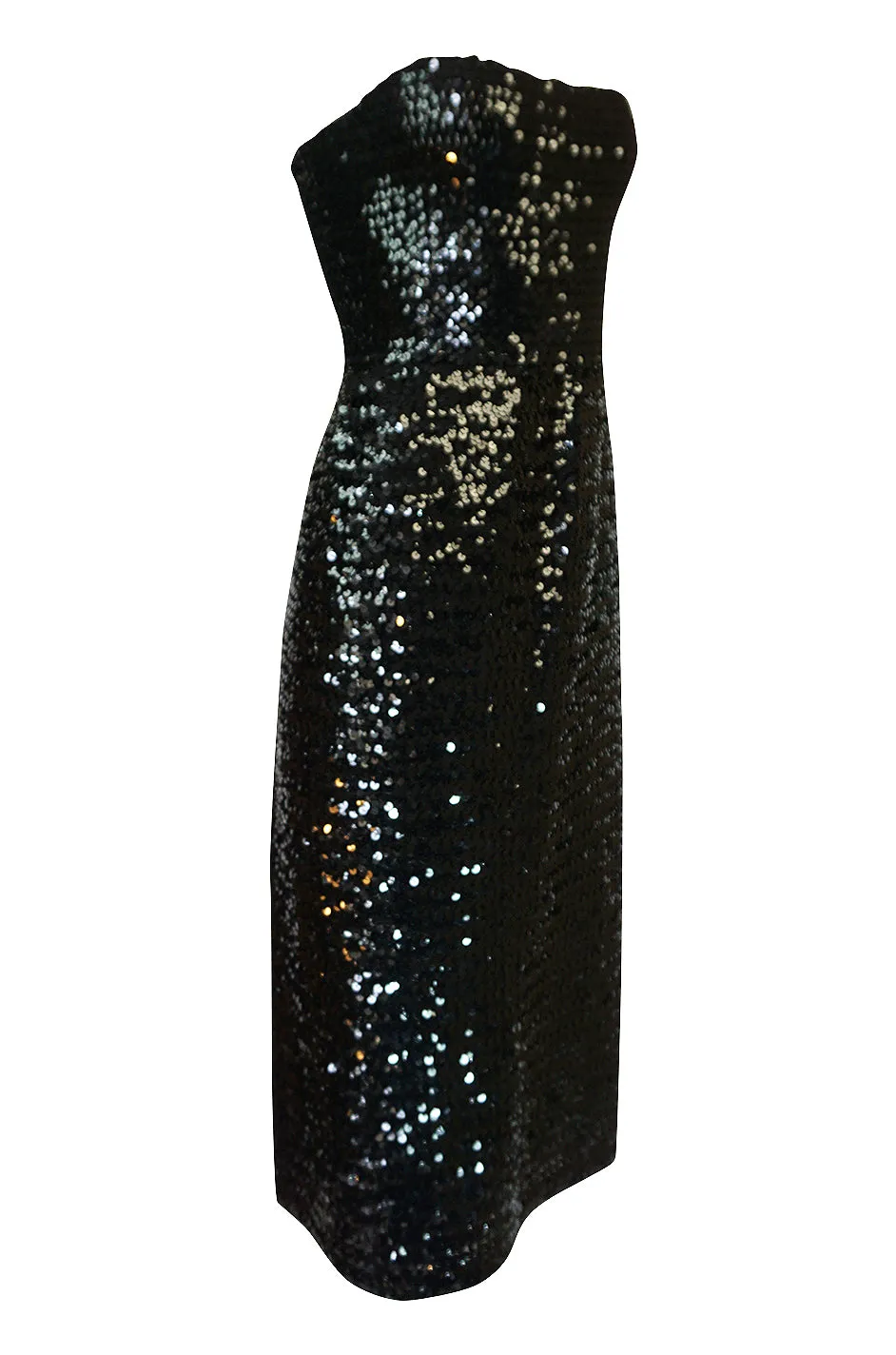 Early 1980s Roland Klein Glossy Black Strapless Sequin Dress