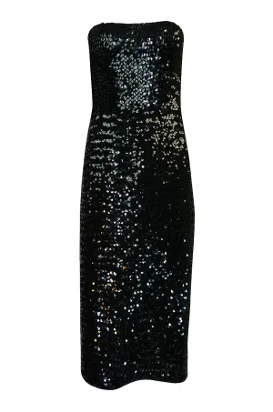 Early 1980s Roland Klein Glossy Black Strapless Sequin Dress