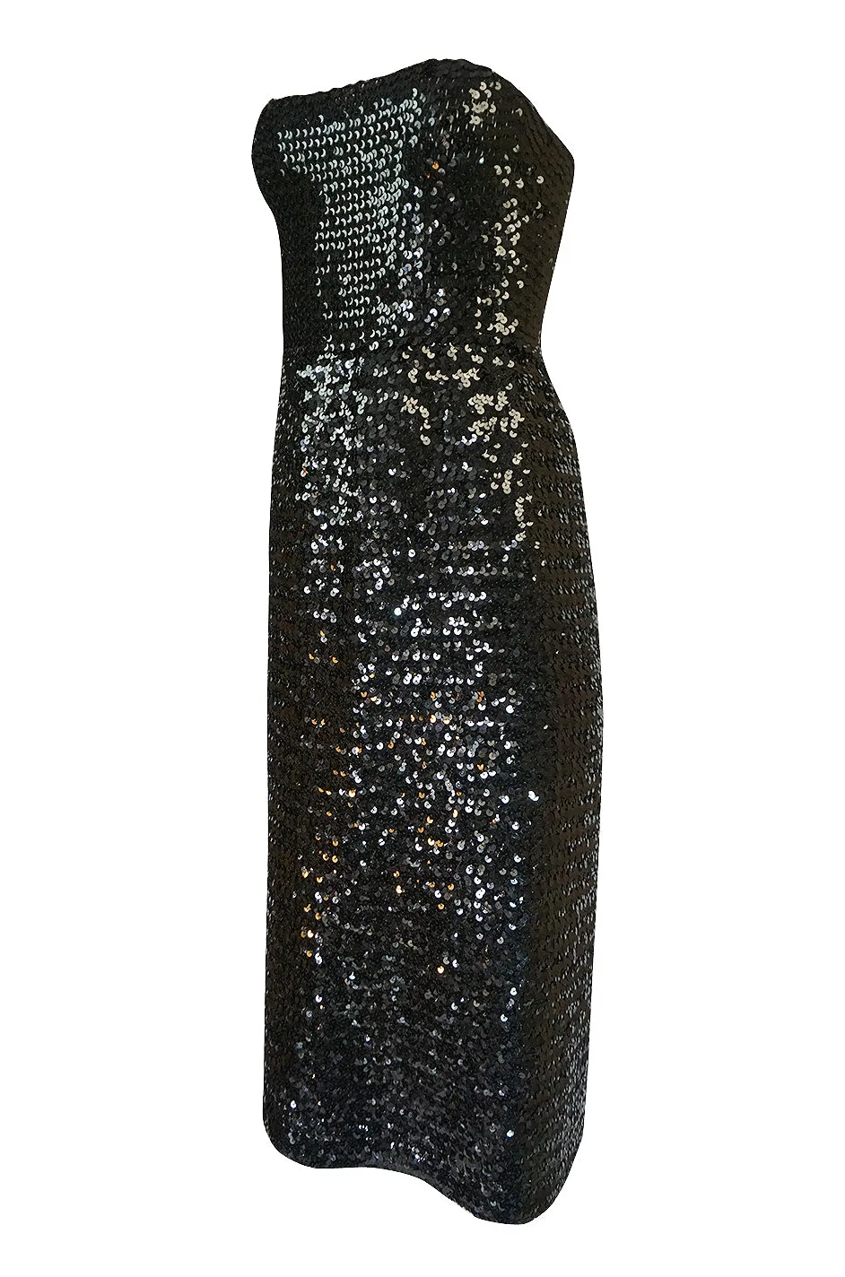 Early 1980s Roland Klein Glossy Black Strapless Sequin Dress