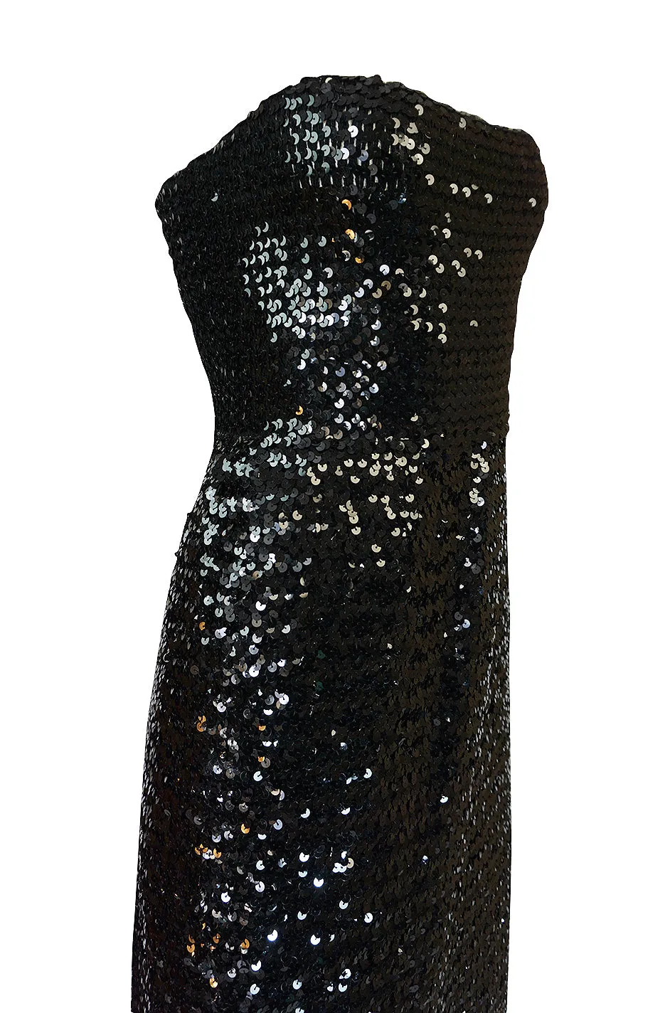 Early 1980s Roland Klein Glossy Black Strapless Sequin Dress