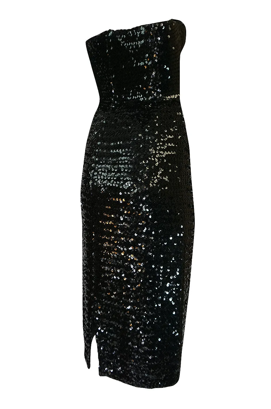 Early 1980s Roland Klein Glossy Black Strapless Sequin Dress