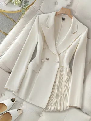 Elegant Solid Color Double-Breasted Pleated Splice Jacket