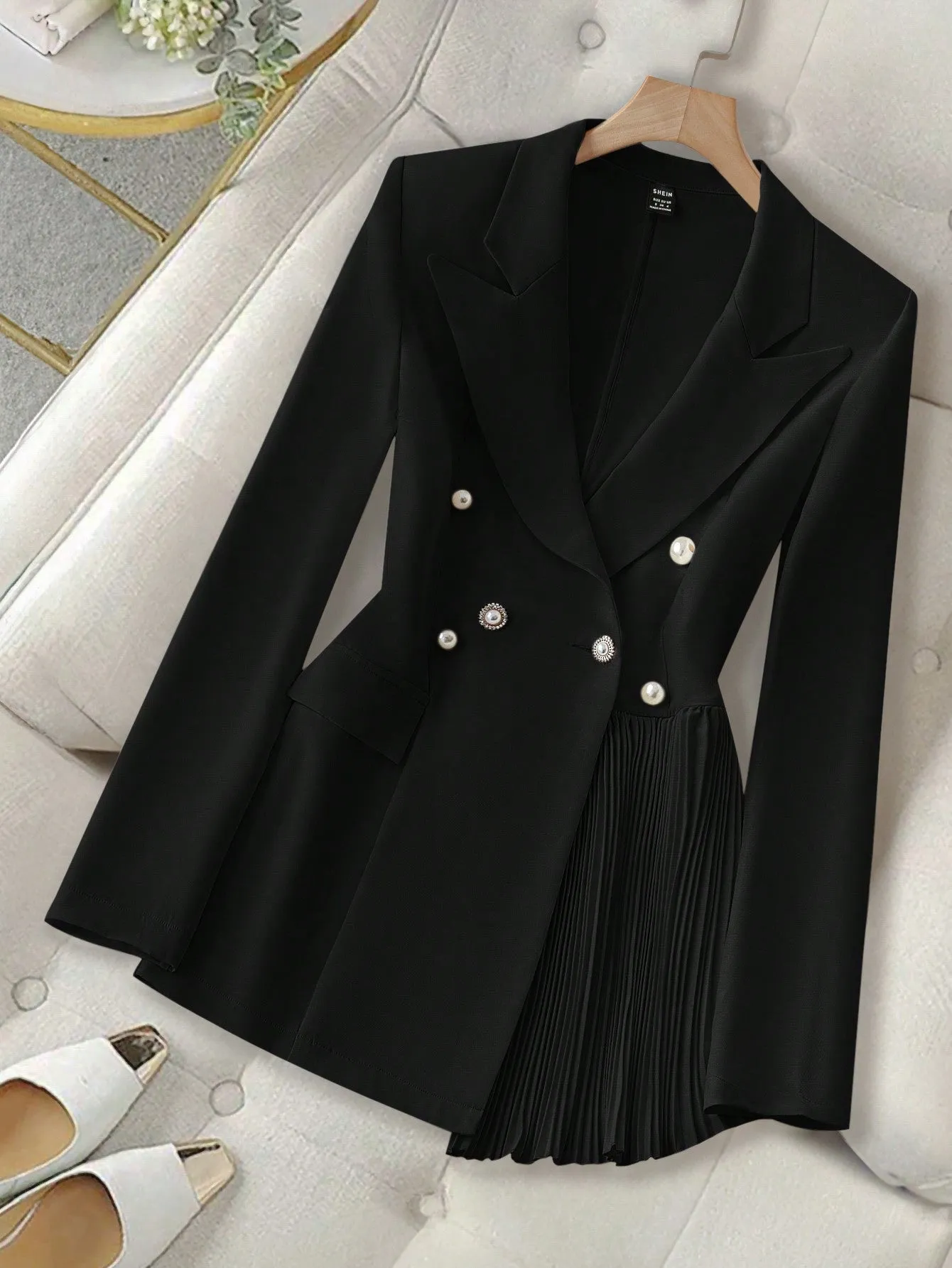 Elegant Solid Color Double-Breasted Pleated Splice Jacket