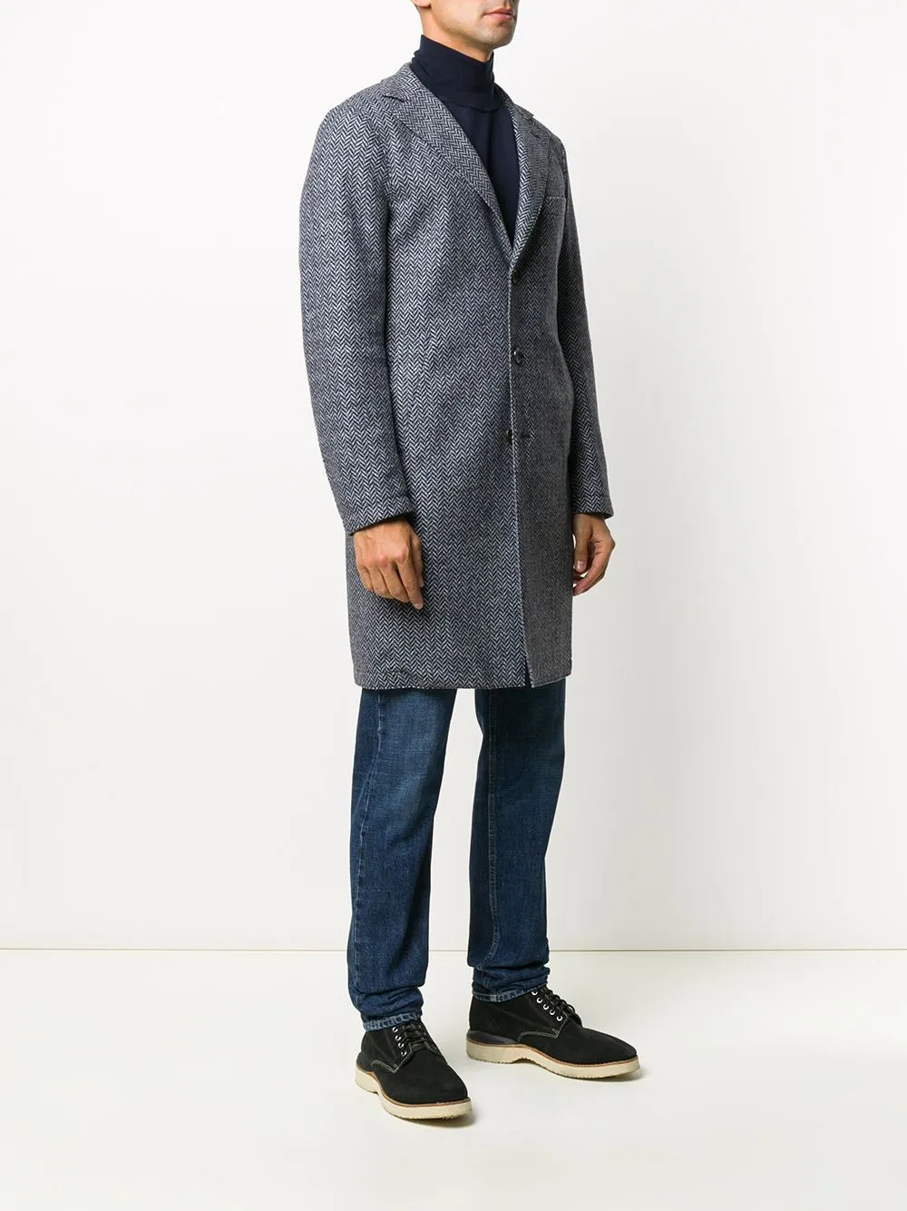 ELEVENTY - Blue Herringbone Suede Detail Logo Button Coat - 42R (52 EU)