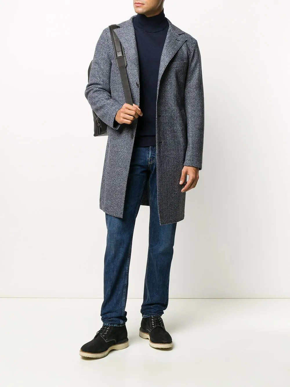 ELEVENTY - Blue Herringbone Suede Detail Logo Button Coat - 42R (52 EU)