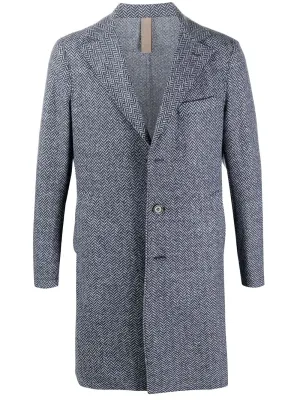 ELEVENTY - Blue Herringbone Suede Detail Logo Button Coat - 42R (52 EU)