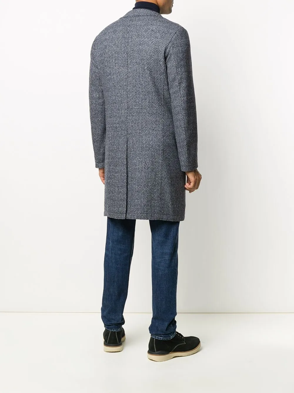 ELEVENTY - Blue Herringbone Suede Detail Logo Button Coat - 44R (54 EU)