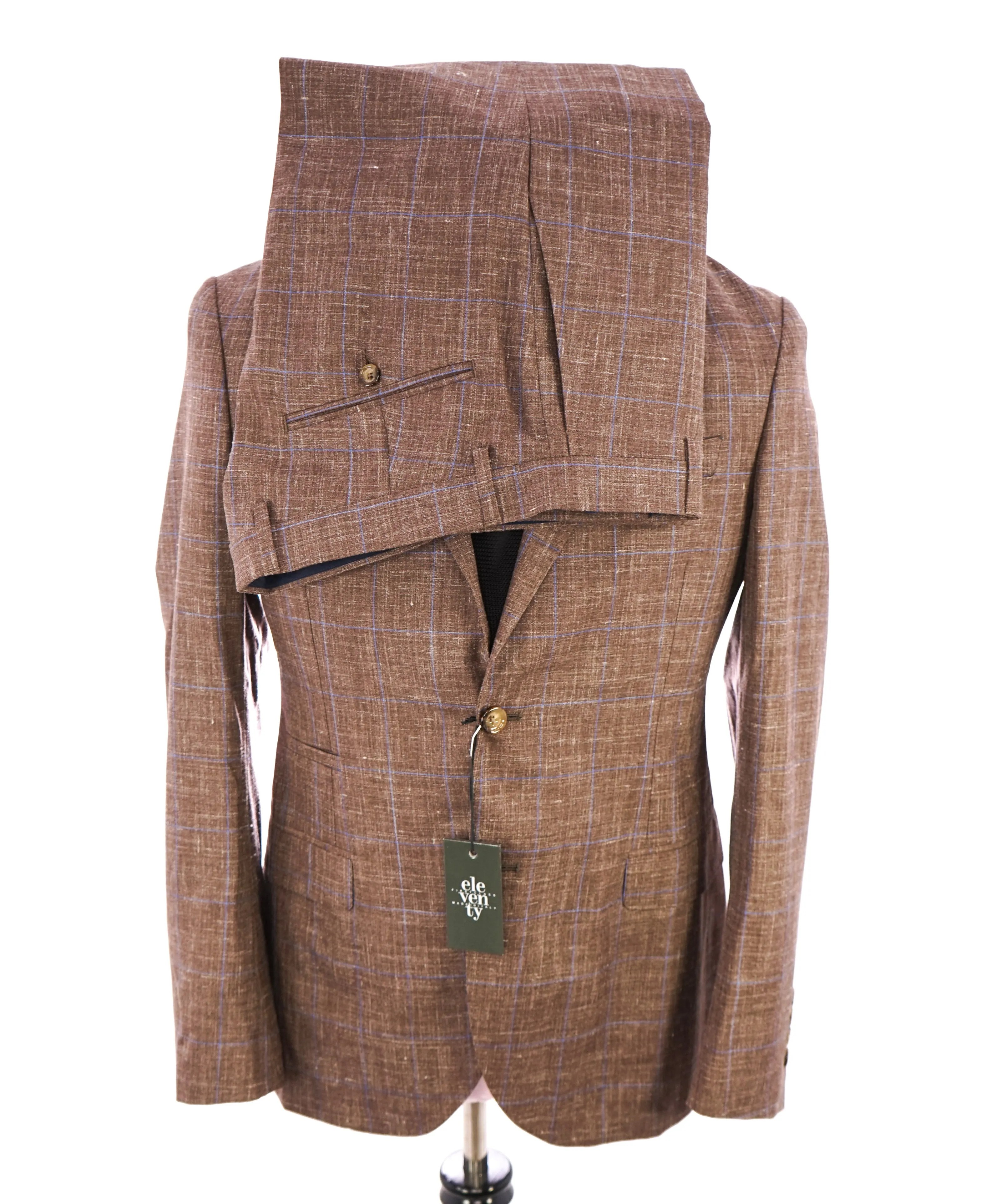 ELEVENTY -  "PREMIUM" Camel & Blue Check WOOL/SILK/LINEN Suit - 40R