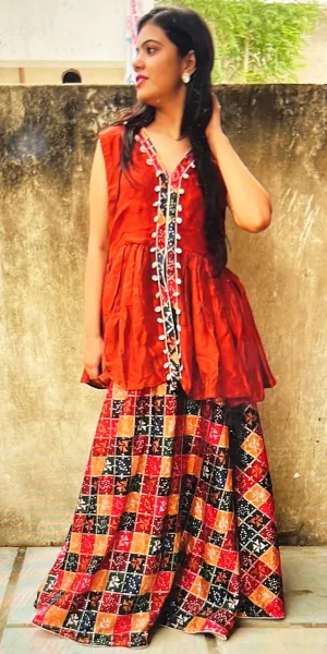 Embroidered Rust Red Kurta Long Skirt with Long Kurti Set