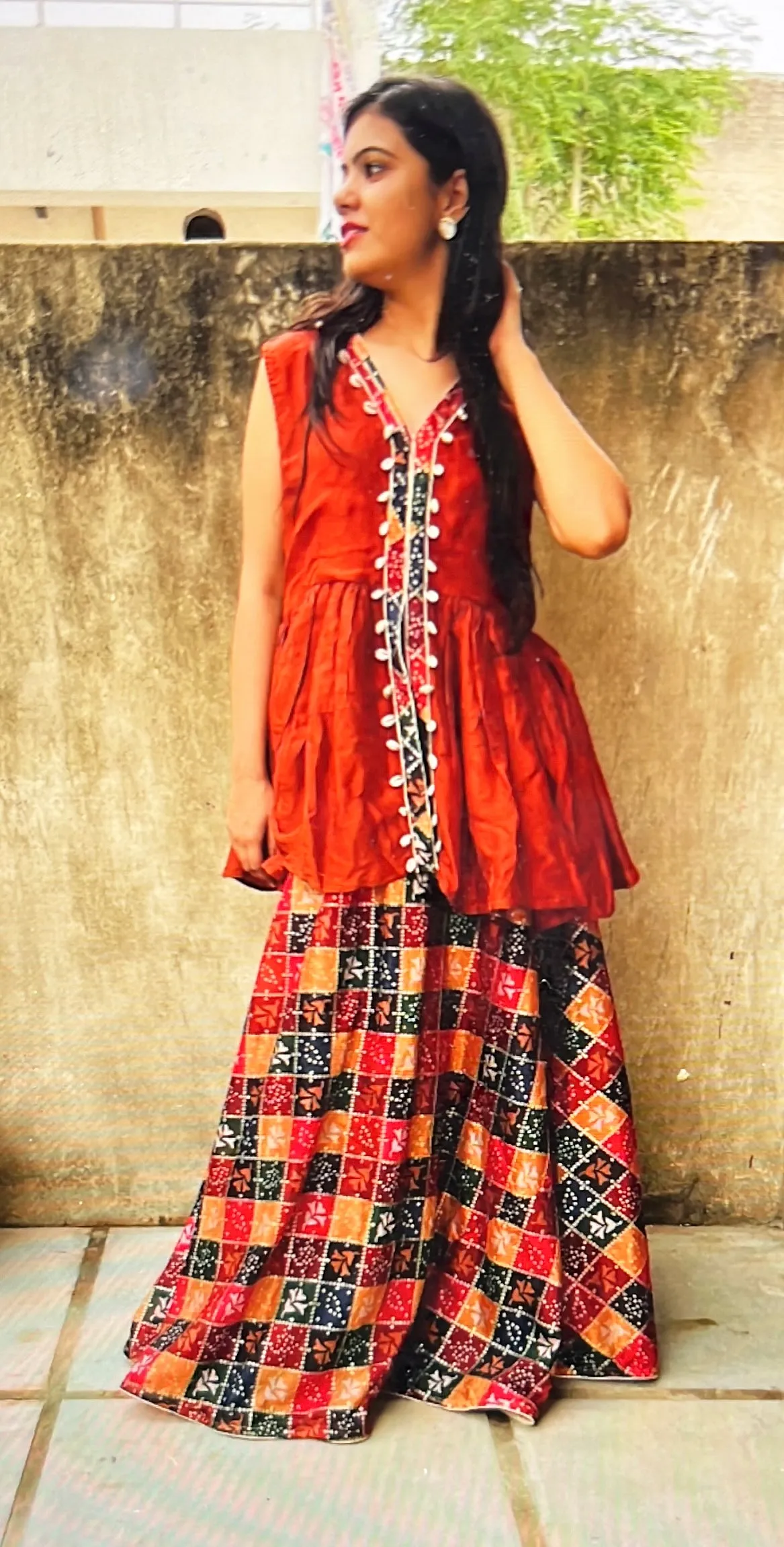 Embroidered Rust Red Kurta Long Skirt with Long Kurti Set